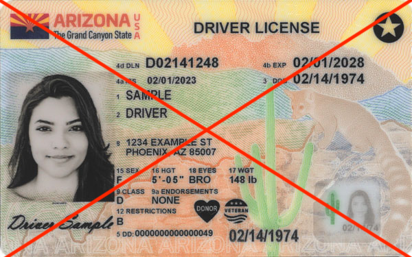 Arizona driver license with a red X indicating this service is not available